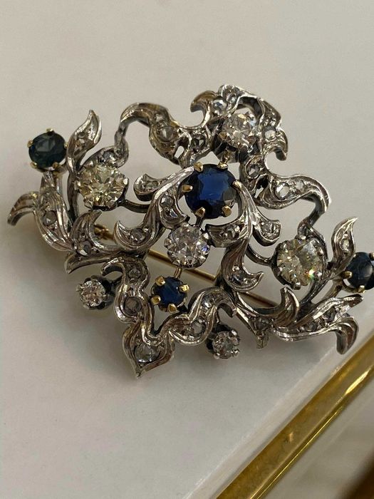 Stara broszka z diamentami 2.00 CT i z szafirami 2.00 CT