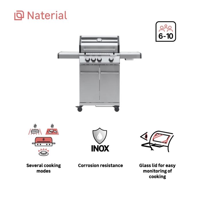 Barbecue a gás com 3+1 queimadores em aço inoxidavel