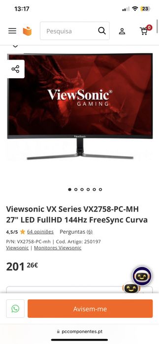 Monitor 27” Curvo 144hz