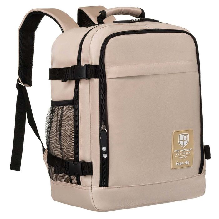 beżowy plecak kabinowy z wodoodpornego poliestru wyposażony w uchwyt