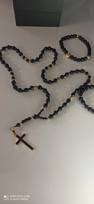 Różaniec naszyjnik onyks złoto turmalin prezent
