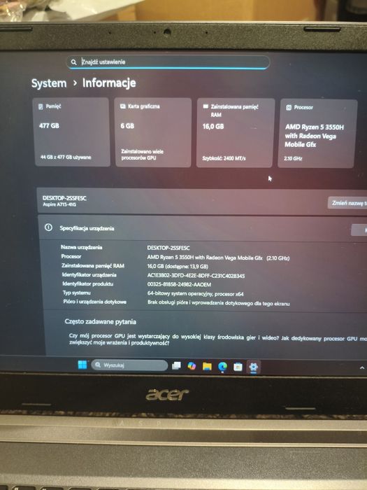 Laptop do gier GAMINGOWY Acer Ryzen 5 Nvidia GTX 1650 16/512gb SSD