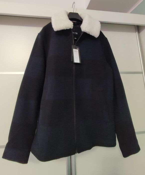 Męska kurtka czarno granatowa w kratę z kożuszkiem only&sons S jesień