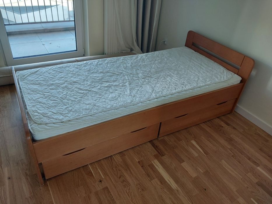 Łóżko drewniane sosnowe 90x200 + stelaż regulowany + materac i podkład + 2 szuflady