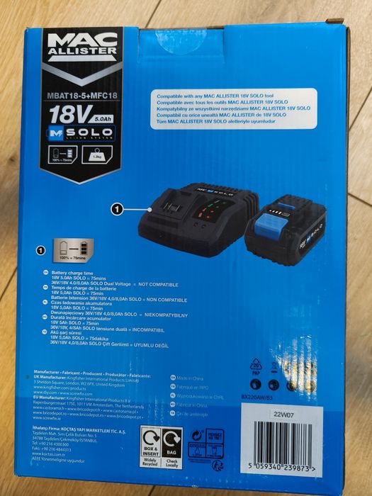 Zestaw Mac Allister 18V: Akumulator 5.0Ah + Ładowarka | NOWY | Solo Sy