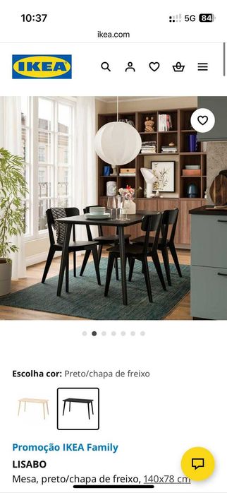 Mesa Lisabo IKEA, preta/chapa de freixo, 140x78 cm, usada bom estado