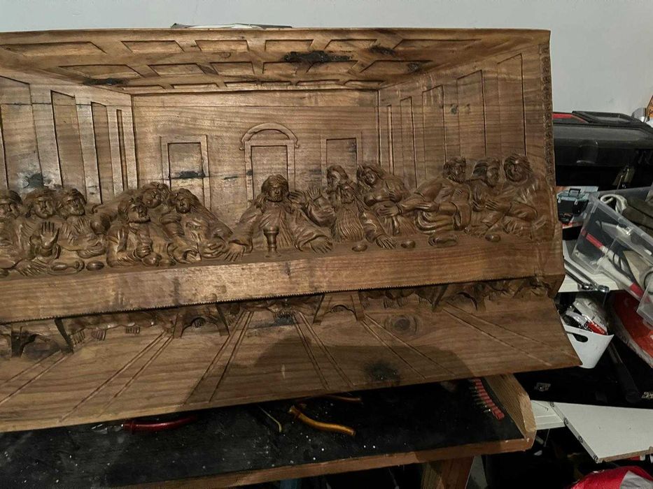 A Última Ceia - Painel Grande Madeira Maciça (100x57cm) - Entalhe Manual