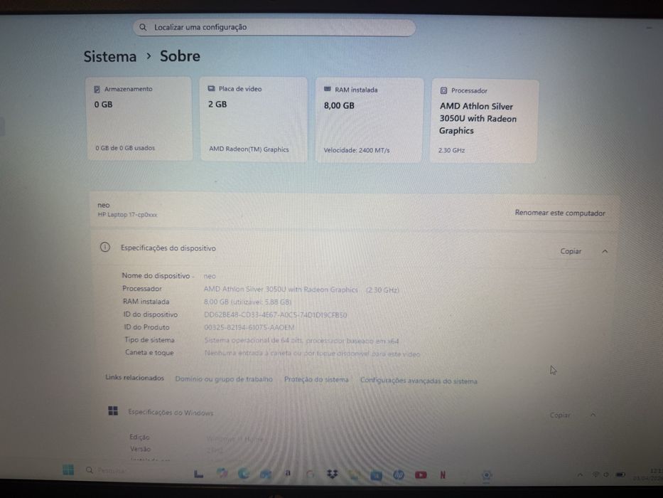 Portátil HP 17" – AMD Athlon Silver | 8GB RAM | Windows 11