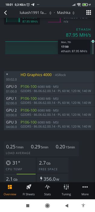 MSI P106-100 Майнинг Ферма 4 карты