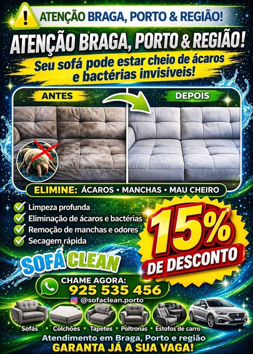Higienização Profissional  Sofás Tapetes Colchões Cadeiras Bancos de carro  Limpeza profunda, remoção de sujidade, manchas, ácaros e odores