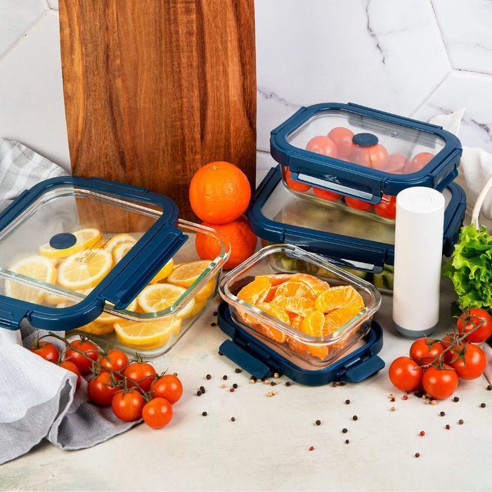 4x próżniowe prostokątne szklane pojemniki + pompka próżniowa