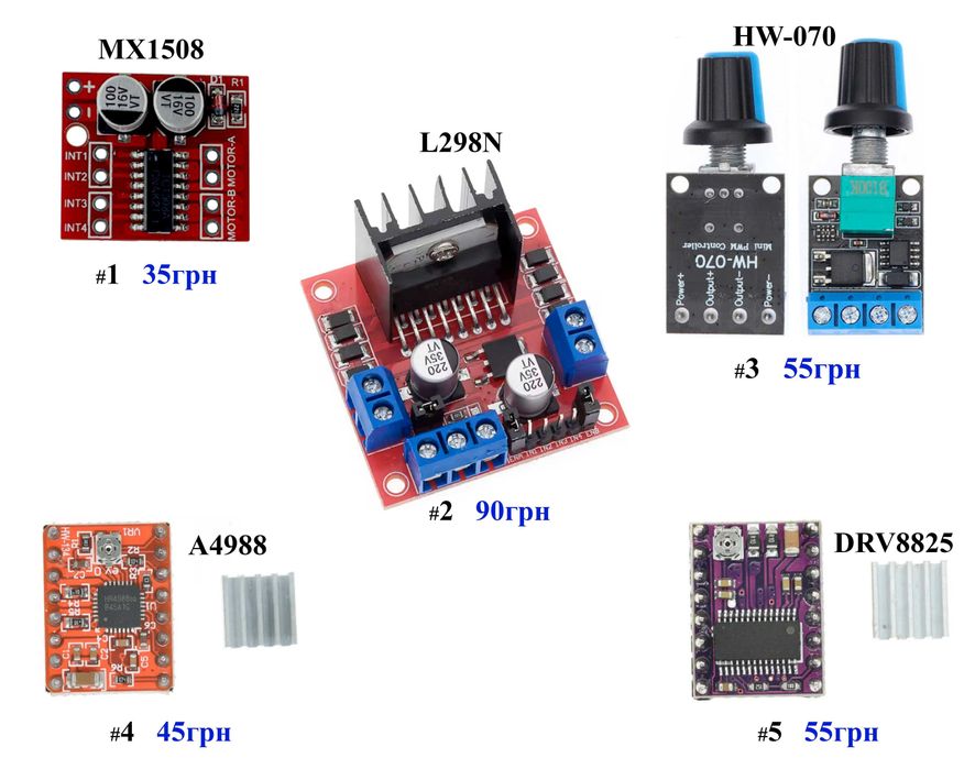 Драйвер двигуну MX1508 / L298N / A4988 / DRV8825 / HW-070