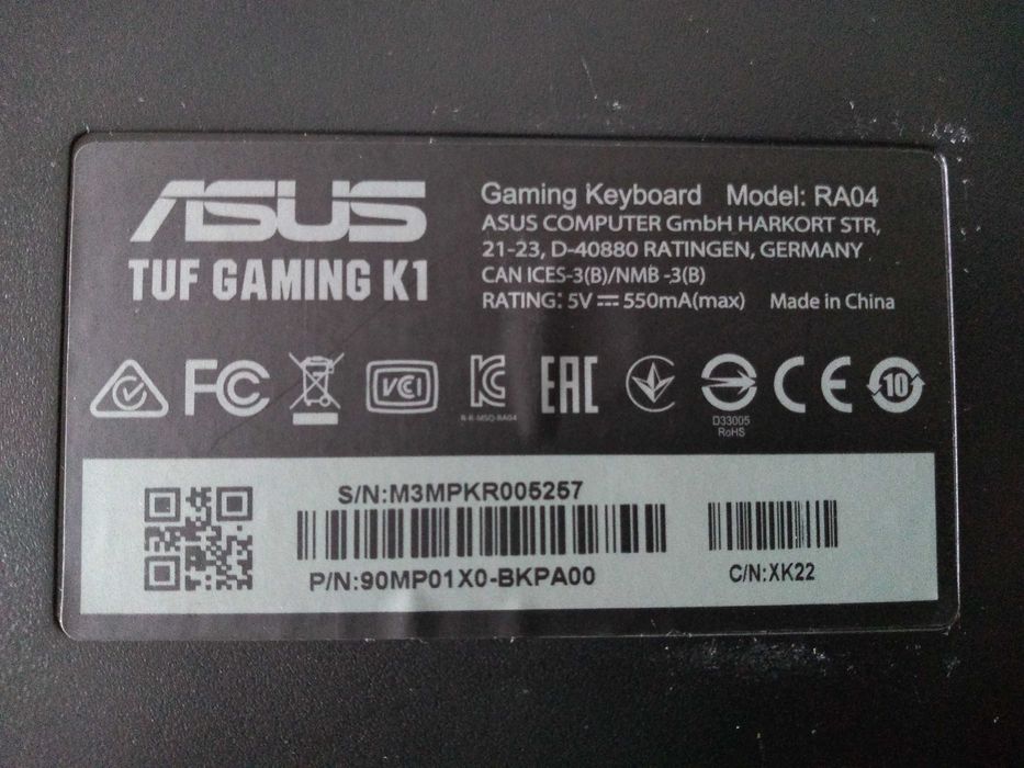 Teclado ASUS TUF Gaming K1 PT Black, como NOVO!