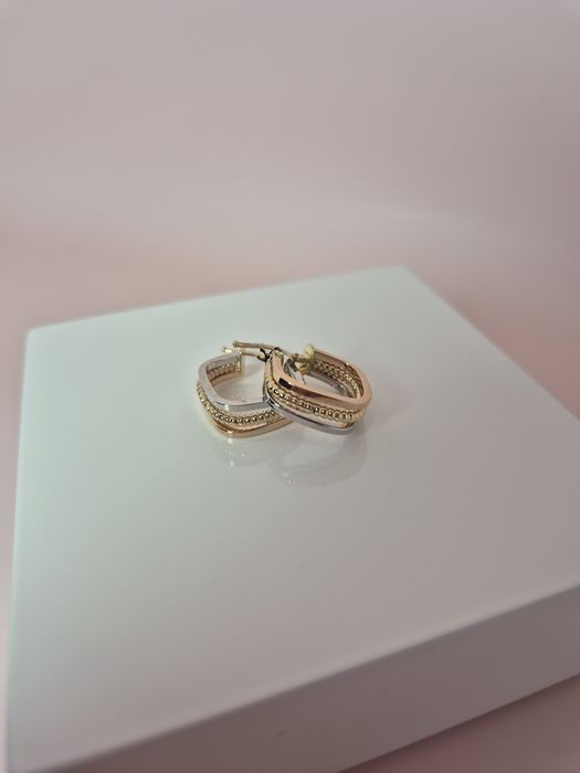 Złote kolczyki wiszące kwadraty potrójne białe żółte złoto kuleczki p. 585