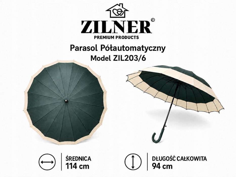 Parasol Półautomatyczny Zilner ZIL203/6 Mocny 16 Drutów 114 cm Zielony
