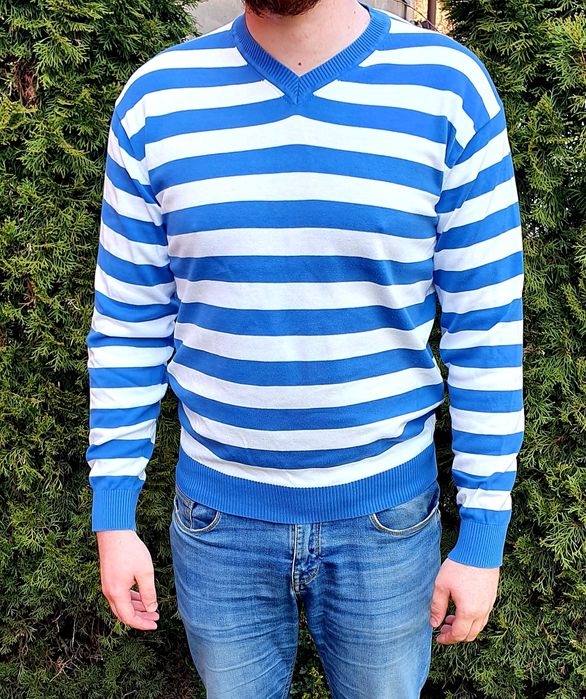 Sweter męski bawełna nowy paski niebieski biały serek casual Pietro