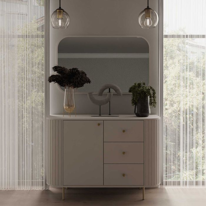 Komoda 123 cm beż piaskowy / dąb cremona . Szuflady/ półki