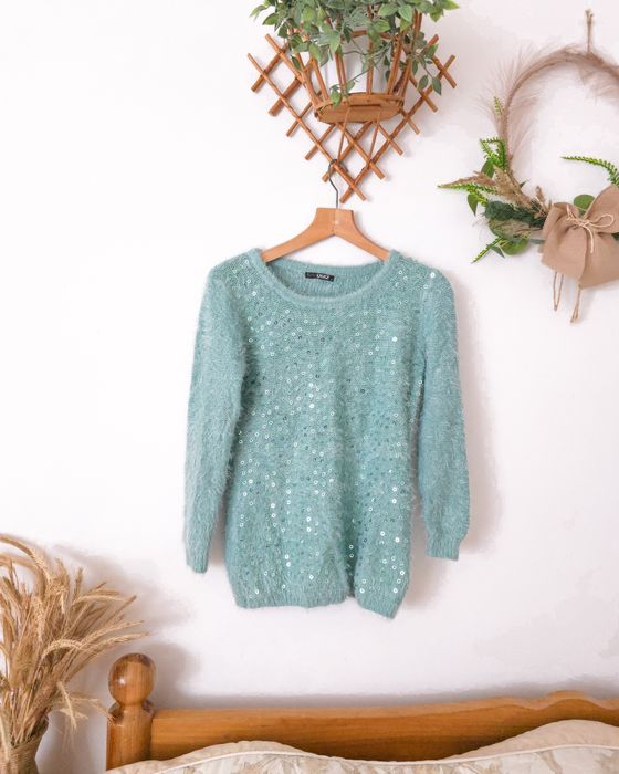 Miętowy turkusowy sweter z cekinami, QUIZ, M/38, futrzany miękki puszy