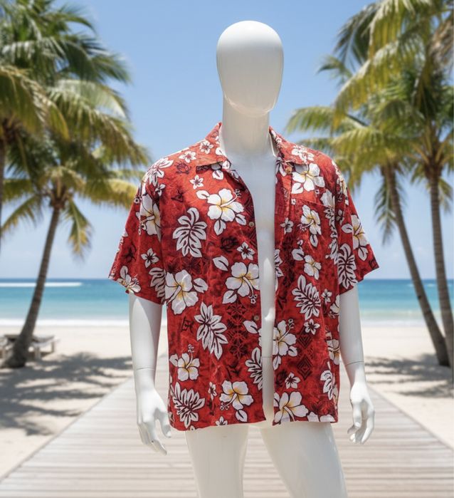 Koszula Hawajska Czerwona - Kwiaty Hibiskusa | 4XL | 100% Bawełna