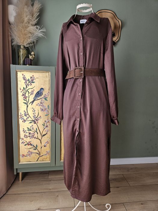 Czekoladowa sukienka damska koszulowa maxi  XS/S brązowa długa