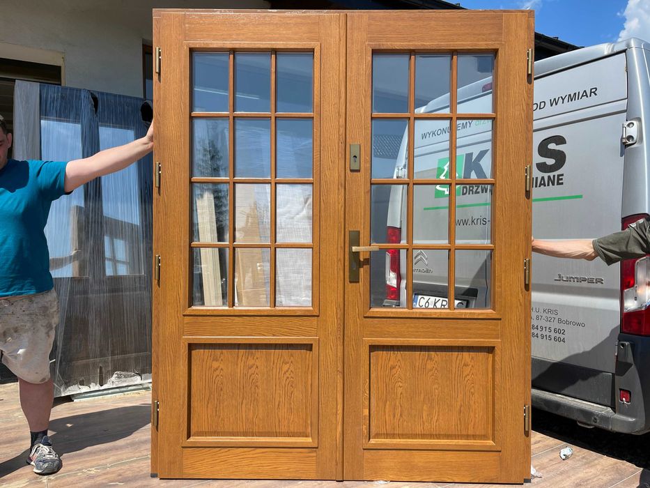 Drzwi zewnętrzne drewniane dwuskrzydłowe na wymiar Cała Polska DĄB