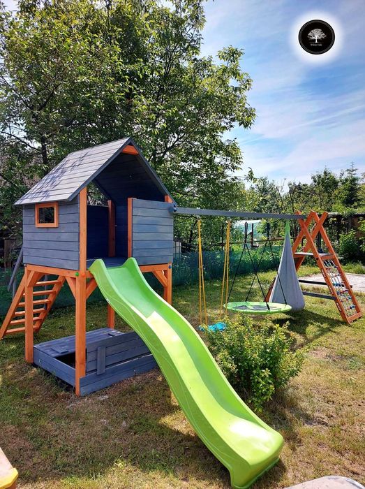 Drewniany plac zabaw, huśtawki, wspinaczka, zjeżdżalnia, domek, MONTAŻ