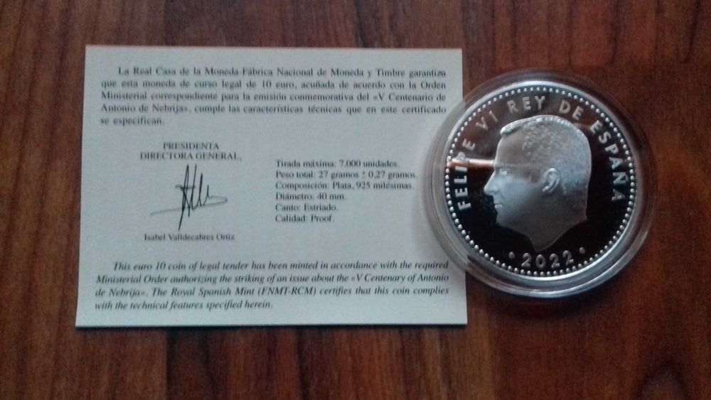 Moeda 10€ 2022 V Cent. António de Nebrija - 7000 Exemplares