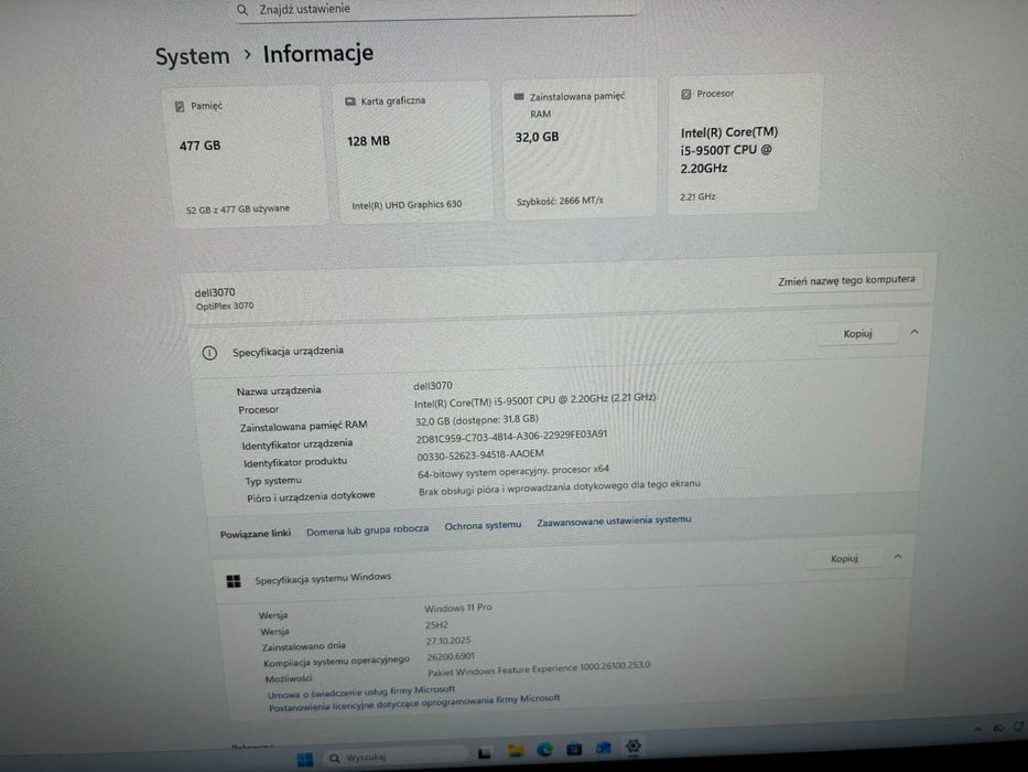 Bardzo ładny i szybki Dell optiplex 3070 i5 9500T 32GB RAM NOWY 512SSD