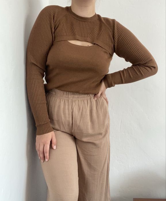 Dwuczęściowy set Orsay L brązowy | sweter + top