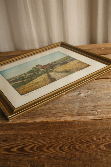 oryginalna skandynawska grafika z wiejskim pejzażem