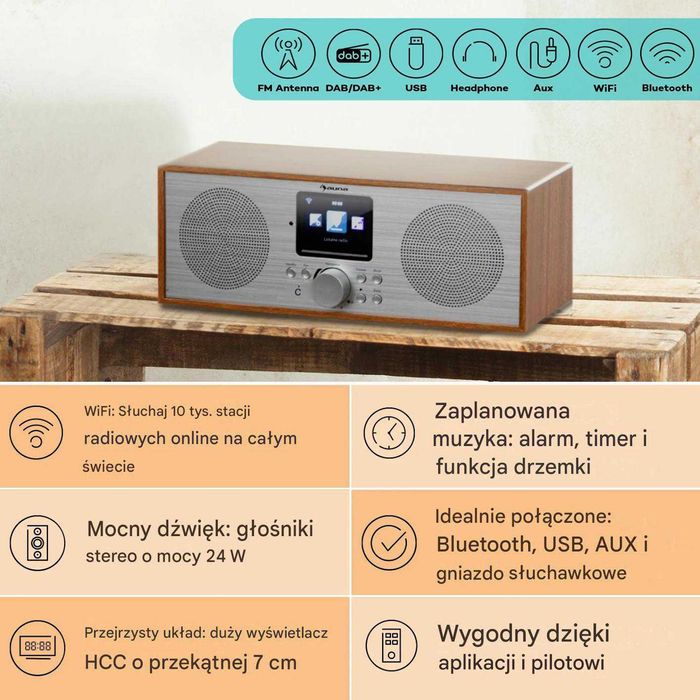 Radio Internetowe Auna Silver Star Stereo Wi‑Fi, DAB+ FM, Bluetooth, USB, Spotify, - brąz