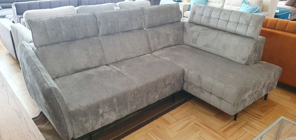 Szary narożnik 252x168 MOLTA z fun. spania zagłówki USB Libro