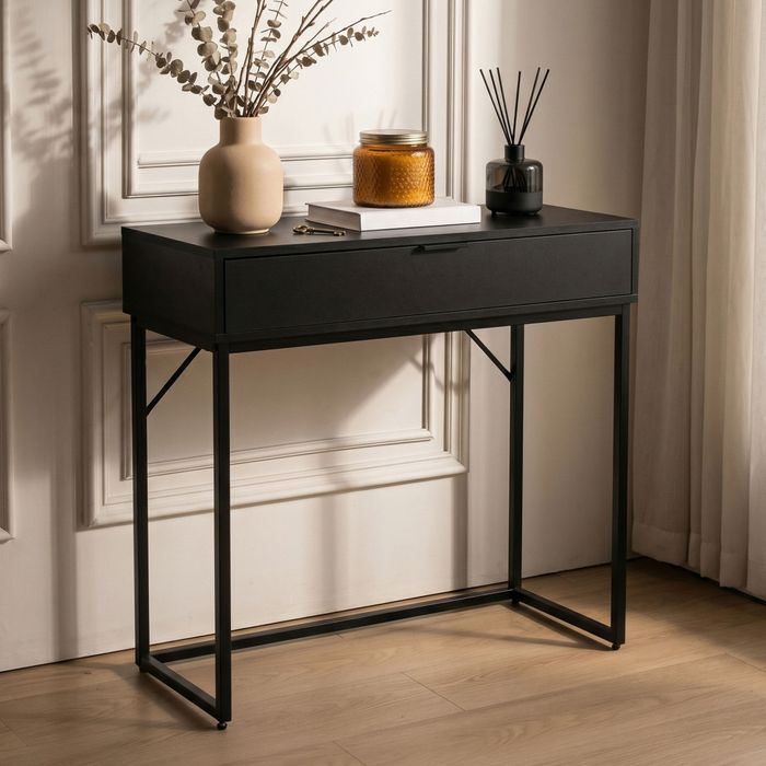 Konsola stolik loftowy MODENA 1 szuflada 80 cm Czarna Czarne nogi
