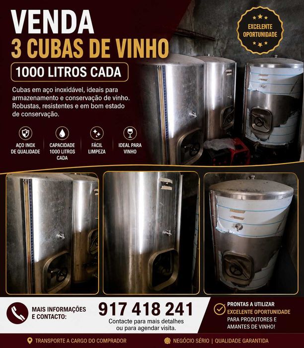 3 Cubas de Vinho Inox 1000L – Excelente Estado