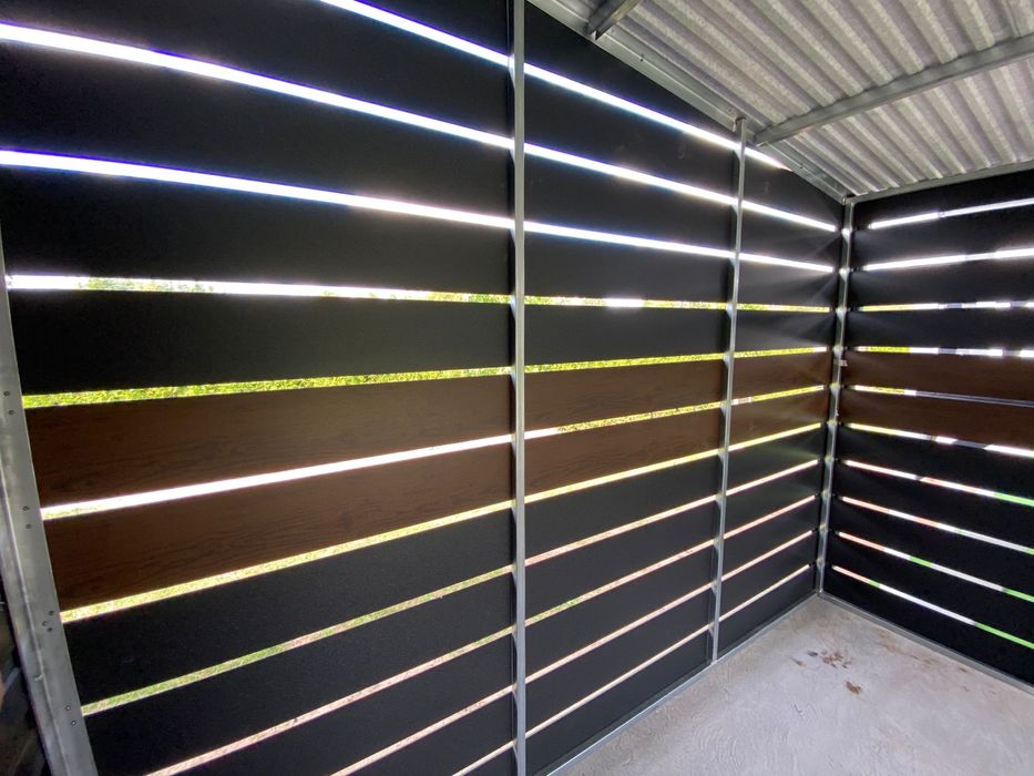 Garaż blaszany 6x6 + wiata 3x6, czarny mat, orzech, profil zamknięty.