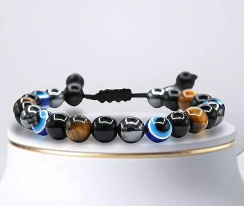 Браслет з камінням, тигровий глаз, гематит, обсидіан