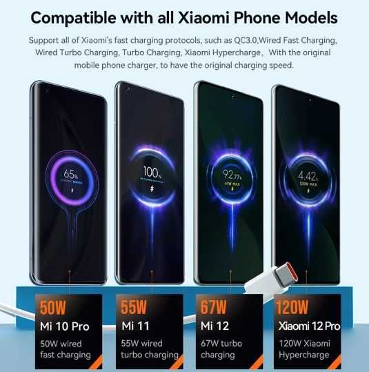 Cabo Xiaomi original USB Tipo C - Carregamento Rápido 120W Turbo NOVO