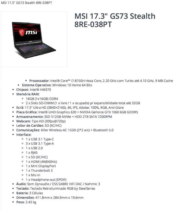 Portátil 17 MSI GS73 Stealth 8RE-038PT Gaming 2TB nvidia gtx 1060 6gb