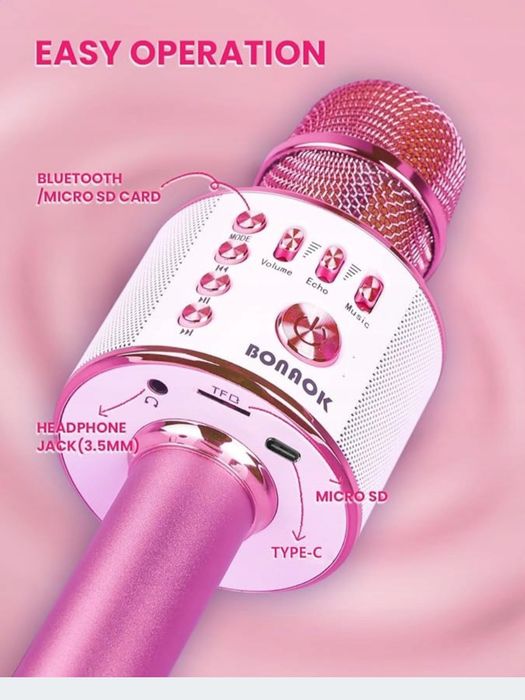 BONAOK Q37 Mikrofon Karaoke Bezprzewodowy z Bluetooth 3 w 1 Różowy