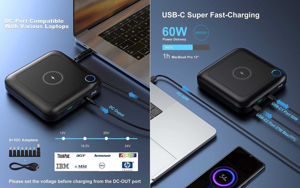 GP12 Павербанк для Ноутбука 24000 mAh 27-84W PowerBank DC 12-24V +3USB