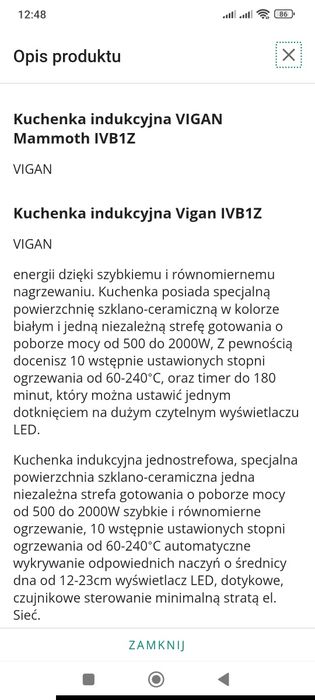 kuchenka indukcyjna jednostrefowa płyta wolnostojąca biała