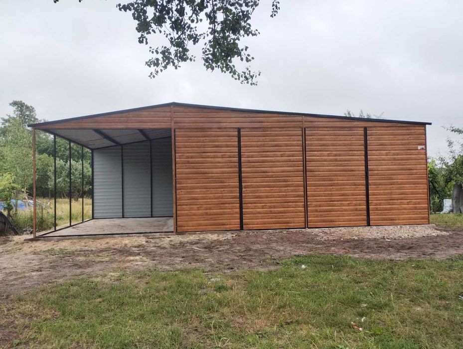 garaż blaszany 6x5,8 z wiatą, drewnopodobny, wiaty, hale