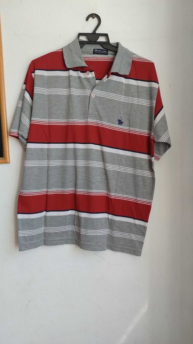 Dobyline XL Szara bluzka polo z kołnierzykiem w czerwone i białe paski