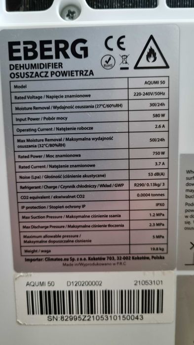 Osuszacz powietrza EBERG AQUMI 50 z modułem WiFi Tuya Smart okazja!
