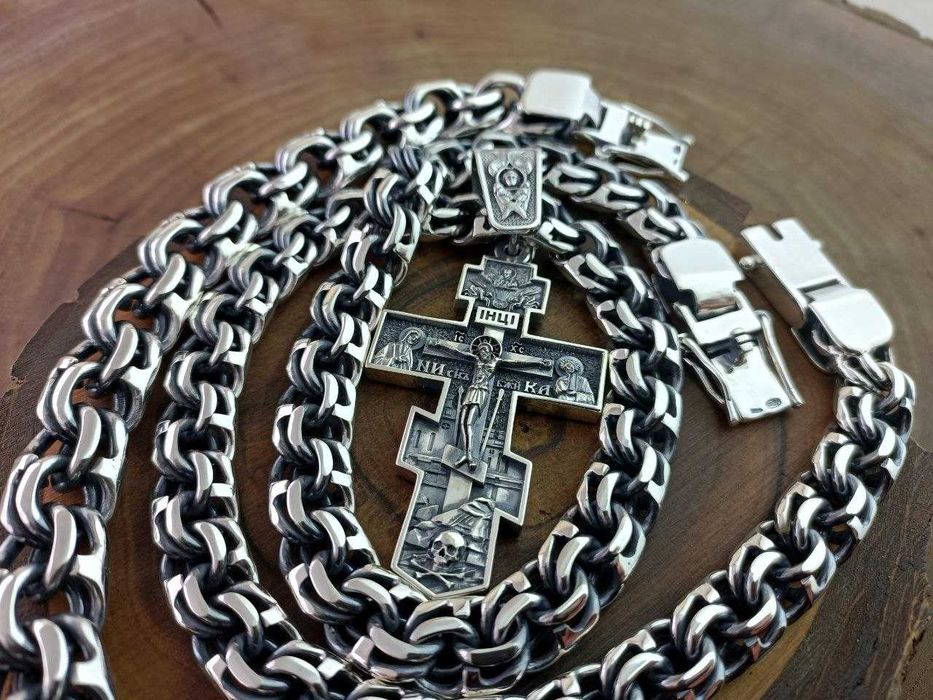Серебряная цепочка Бисмарк, крестик и браслет. Срібний ланцюг, хрест