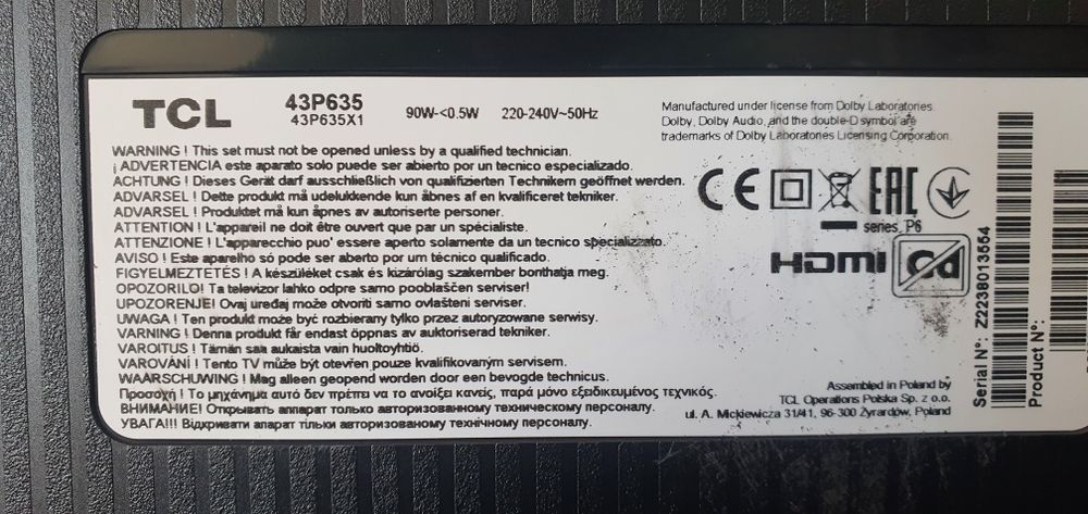 Tv TCL 43P635 peças