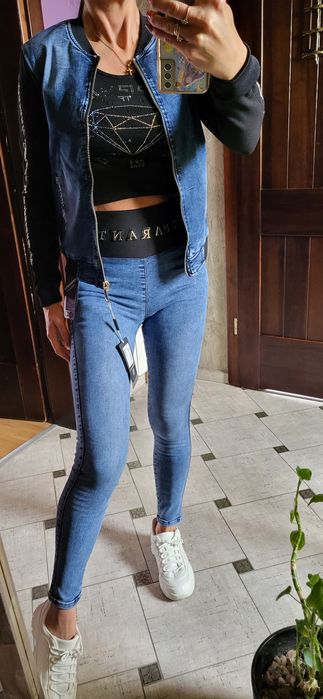 Włoski komplet Esperanto jeans katana bluza spodnie wysoki stan  S