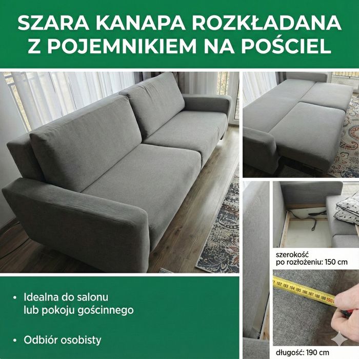 Szara kanapa rozkładana z pojemnikiem na pościel