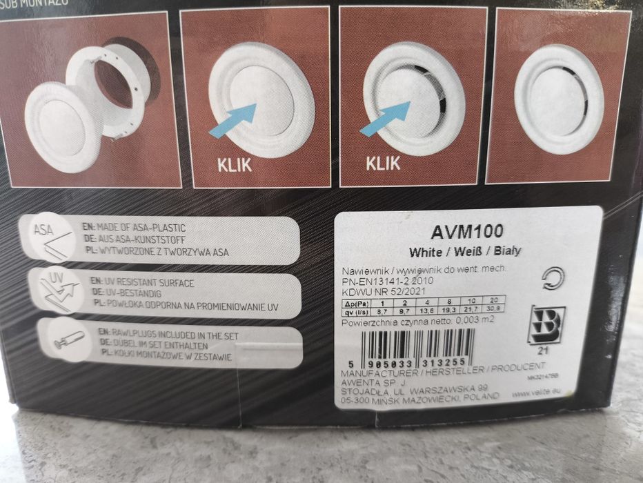 Anemostat  nawiewnik klik fi 100 Velite Nowy