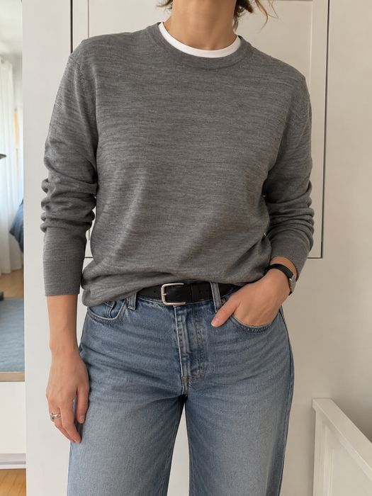 F&F sweter 100% wełna merino szary melanż klasyczny